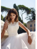 Beaded White Lace Tulle Ruffled Horsehair Hem Wedding Dress